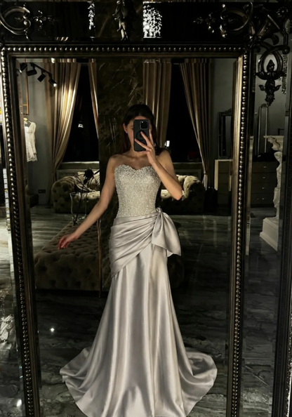 Grey Mermaid Strapless Beaded Satin Long Prom Dress Evening Dress SH7304