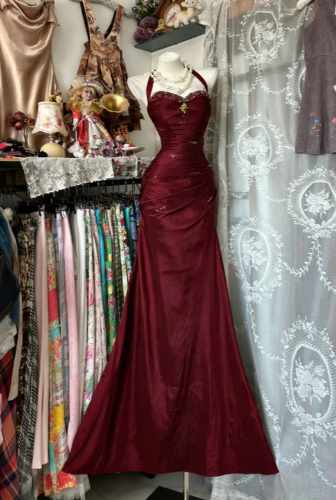 Vintage Halter Mermaid Long Prom Dresses Beaded Satin Blue Evening Dresses Birthday Dresses SH5041