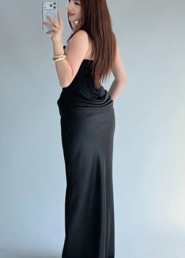 Elegant Sheath Strapless Black Satin Long Prom Dress Evening Dress SH7295