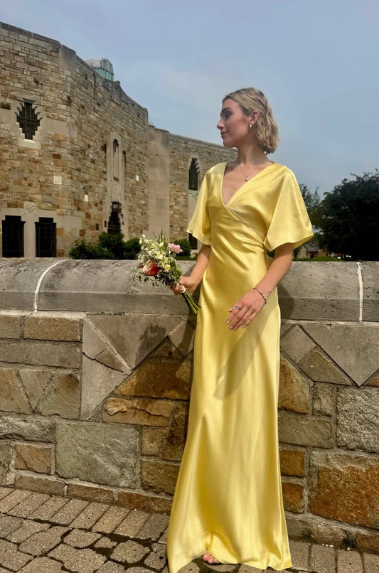 Simple Yellow A Line V Neck Sleeve Satin Long Prom Dress Evening Dress SH3730