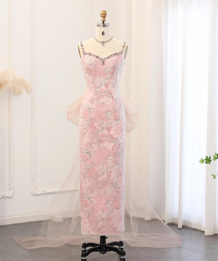 Pink Sheath Spaghetti Straps Rhinestone Sequin Tulle Prom Dress Evening Dress with Bow SH1945