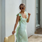 Gentle Sheath Straps Ruffle Green Satin Open Back Prom Dress Graduation Prom Dress SH2644