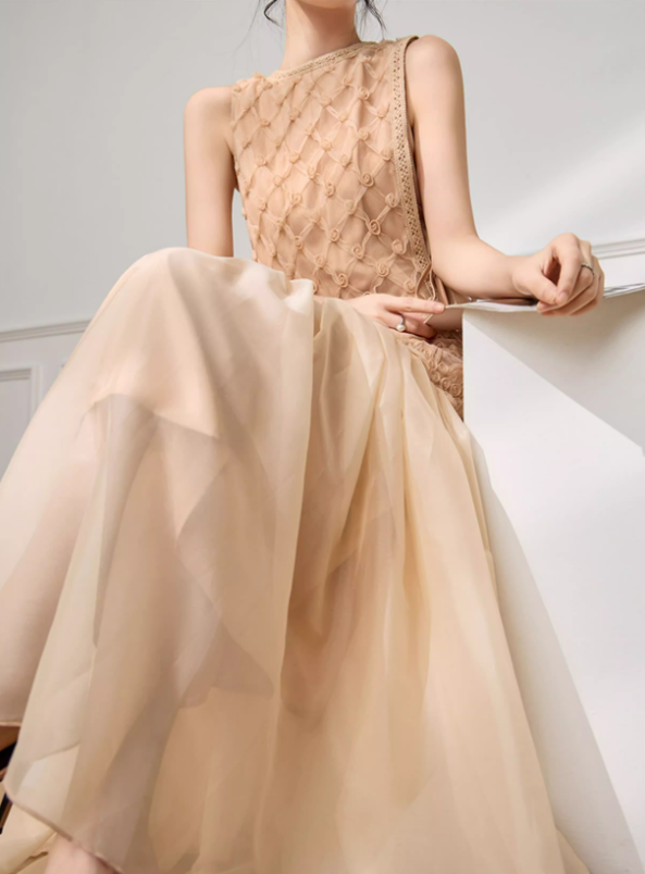 Simple Apricot A Line Round Neck Floral Tulle Prom Dress Outfits SH4731