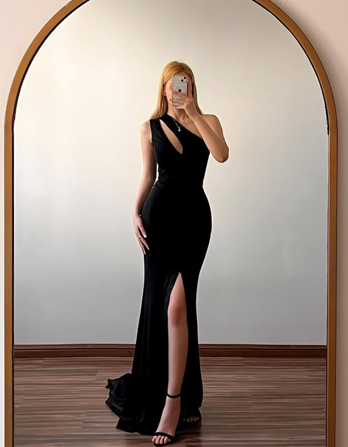 Vintage Sheath One Shoulder Black Satin Prom Dress Evening Dress with Slit SH6963