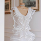 White A Line V Neck Ruffle Layered Tulle Short Homecoming Dress Outfits SH4431