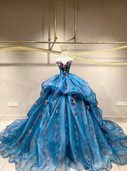 Stunning Ball Gown Sweetheart Neck 3D Floral Blue Organza Prom Dress Quinceanera Dress SH7161