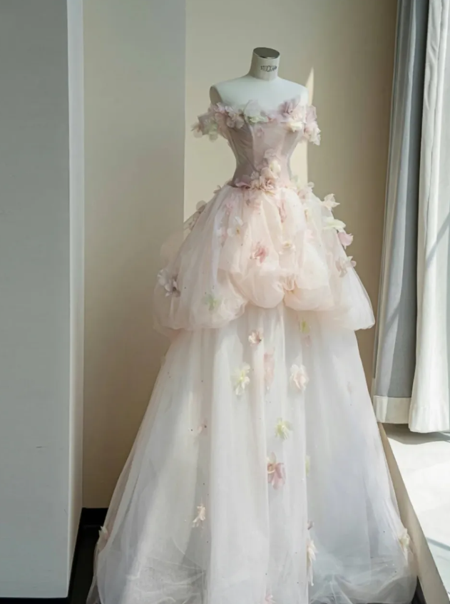 Floral A Line Off the Shoulder Pink Tulle Party Dress Evening Dress SH3374