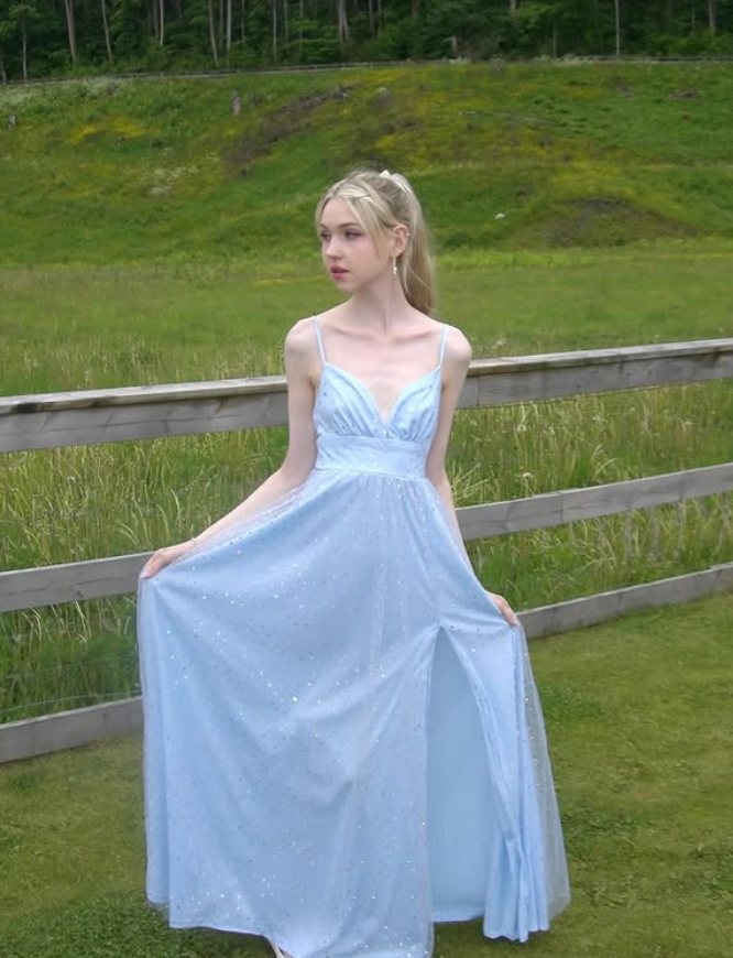 Baby Blue A Line V Neck Sequin Satin Tulle Long Prom Dress Date Dress SH6508
