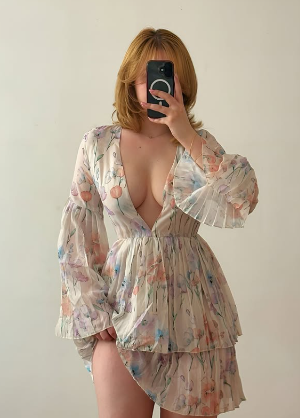 Classy A Line Long Sleeve Print Chiffon Short Prom Dress Homecoming Dress SH6896