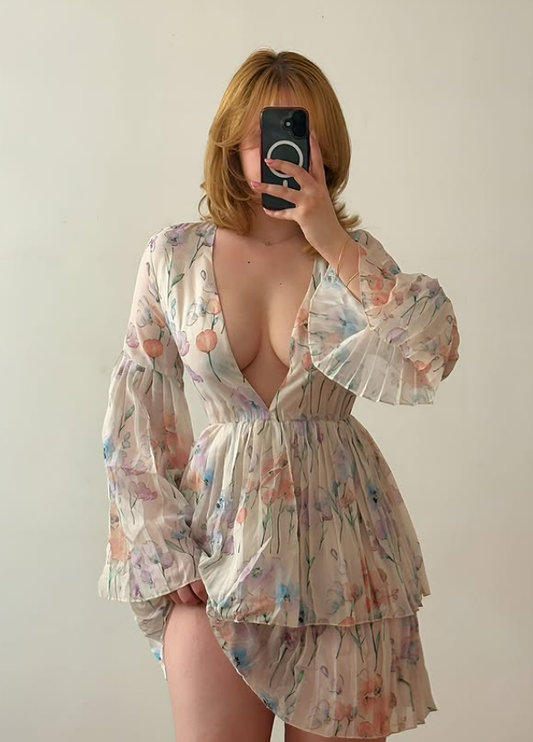 Classy A Line Long Sleeve Print Chiffon Short Prom Dress Homecoming Dress SH6896