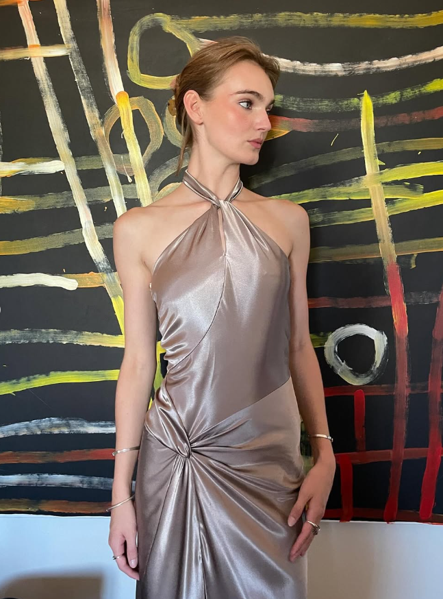 Simple A Line Halter Brown Satin Open Back Long Prom Dress Graduation Prom Dress with Slit SH2594