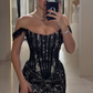 Sexy Mermaid Off the Shoulder Corset Beaded Black Lace Long Prom Dress SH5304