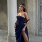 Navy Blue Sheath Strapless Pleated Chiffon Prom Dress Evening Dress with Slit SH6269
