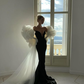 Elegant Mermaid Sweetheart Neck White Tulle Black Satin Prom Dress SH4565