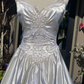 Retro A Line V Neck White Pearl Floral Satin Wedding Dress Prom Dress SH5942