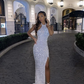 Sexy Halter White Sequin Mermaid Slit Prom Dress Black Girl Evening Dress SH940