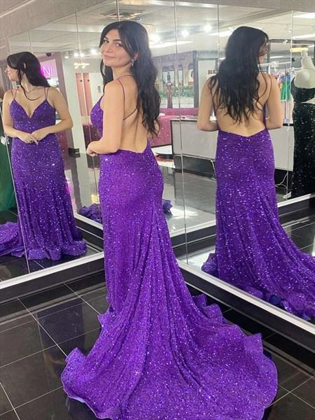 Purple V-Neck Backless Sequin Mermaid Prom Dresses  SH667
