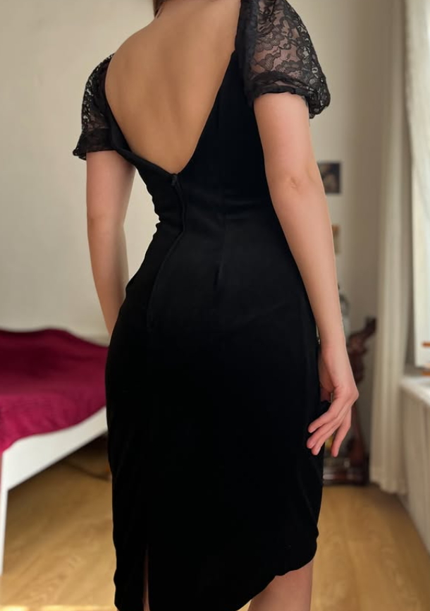 Vintage Sheath Puff Sleeve Black Velvet Knee Length Prom Dress Evening Dress SH6078