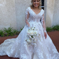 Elegant Ball Gown Long Sleeve V Neck Appliques White Tulle Wedding Dress with Sweep Train SH1993