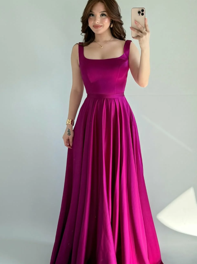 Simple Pink A Line Spaghetti Straps Satin Prom Dress Date Dress SH5550