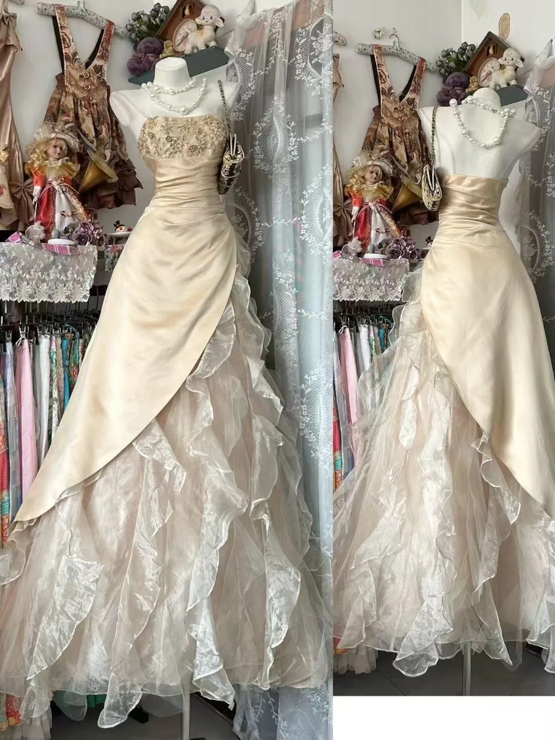 Apricot A Line Strapless Beaded Ruffle Organza Satin Prom Dress Evening Dress SH5622