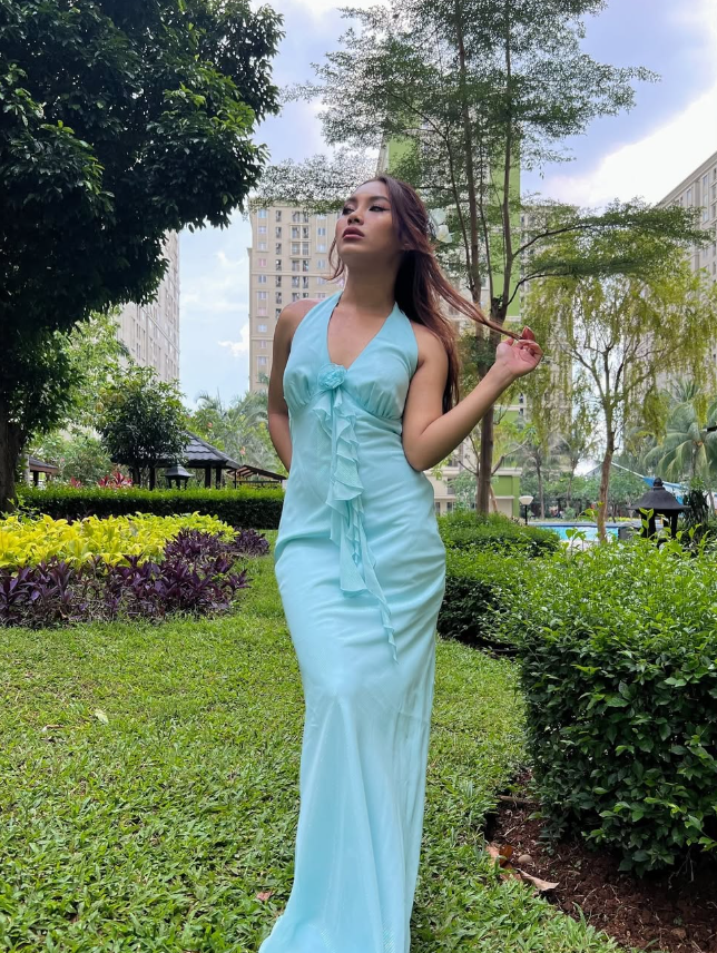 Baby Blue Vintage Halter Chiffon Backless Prom Dress Wedding Guest Dress SH5388