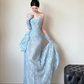 Blue Mermaid Strapless Pleated Blue Lace Long Party Dress Evening Dress SH3380