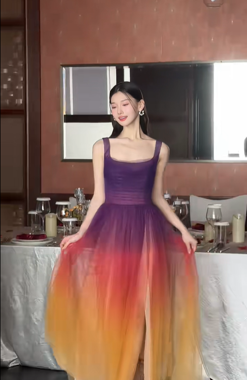 Stunning A Line Straps Purple Orange Ombre Tulle Prom Dress Party Dress SH4737