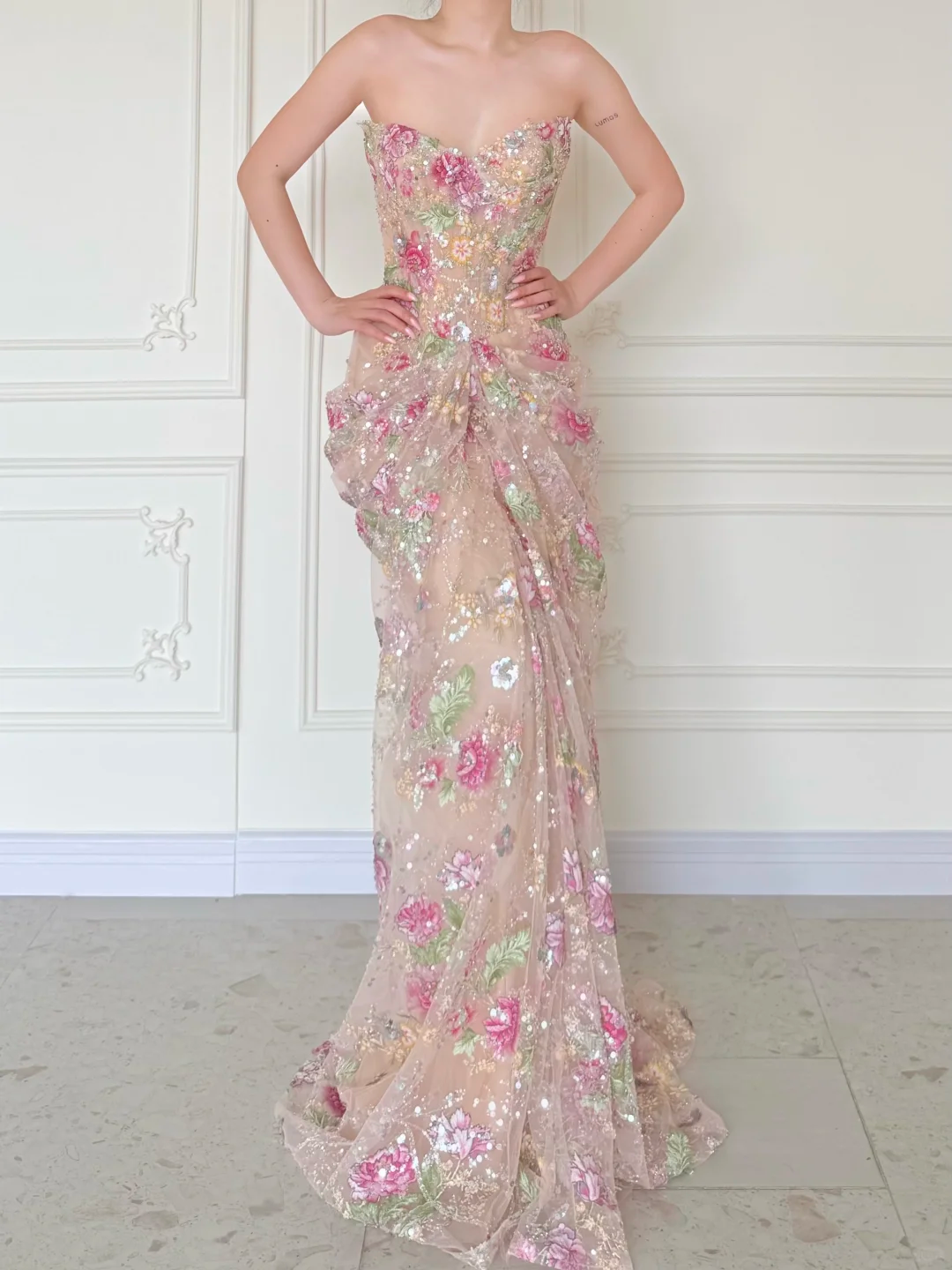 Luxurious Mermaid Strapless Floral Sequin Tulle Long Prom Dress Evening Dress SH5843