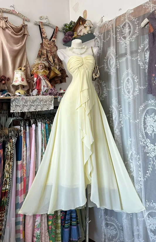 Vintage Light Yellow A Line Sweetheart Neck Ruffle Chiffon Prom Dress Evening Dress SH5685