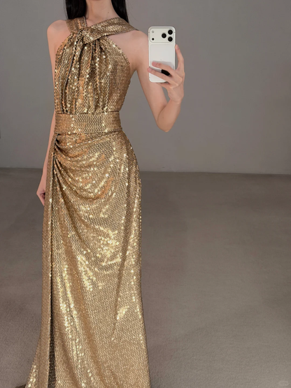 Gold Sheath Halter Exquisite Sequin Backless Prom Dress Evening Dress SH7718