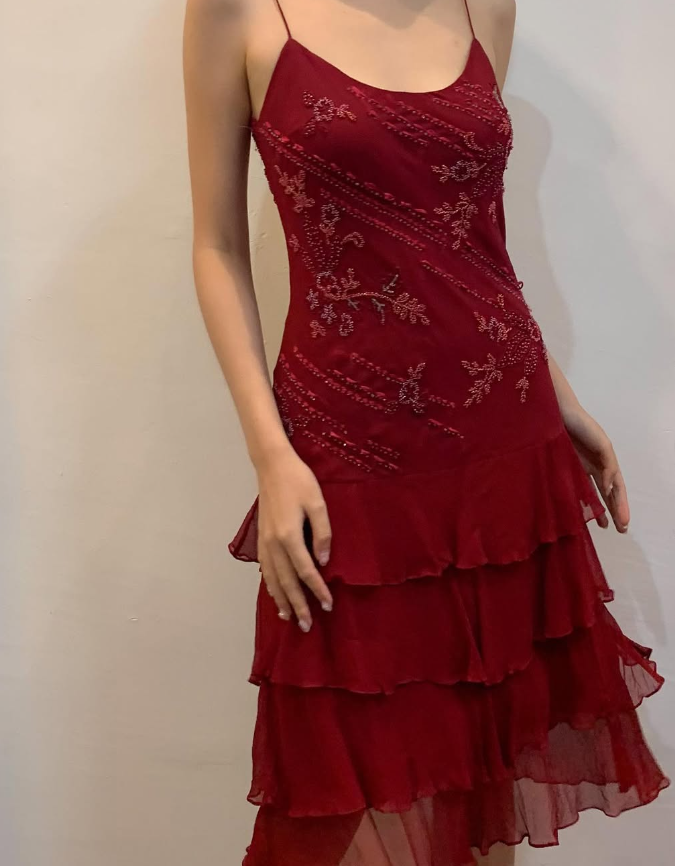 Burgundy Vintage A Line Spaghetti Strap Tiered Beaded Chiffon Evening Dress SH2082