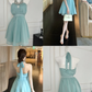 Gentle A Line Halter Rhinestone Blue Chiffon Open Back Homecoming Dress Cocktail Dress SH3086