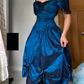 Vintage A Line Blue Satin Black Lace Prom Dress Evening Dress SH5901