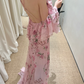 Flowy Pink A Line Spaghetti Strap Print Floral Chiffon Open Back Prom Dress Vacation Dress SH3985