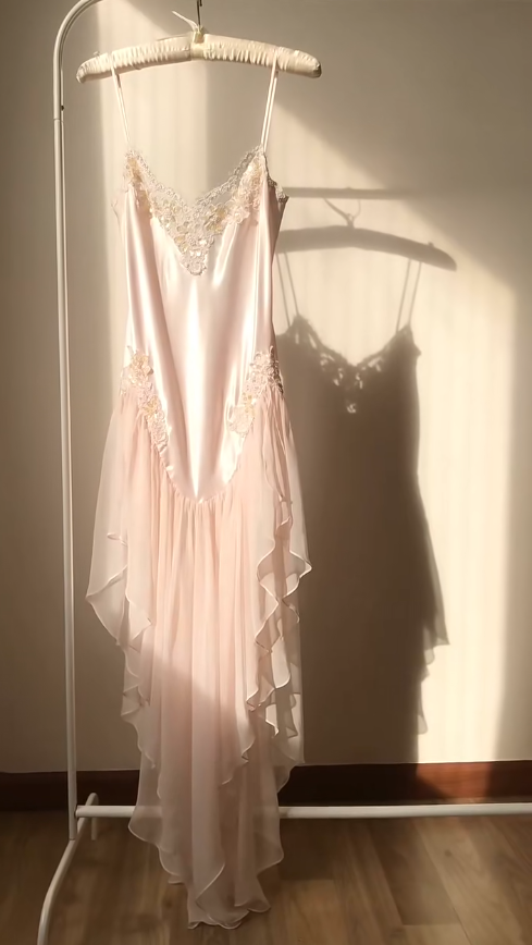 Gentle A Line Spaghetti Straps Lace Light Pink Satin Chiffon Prom Dress Evening Dress SH4242