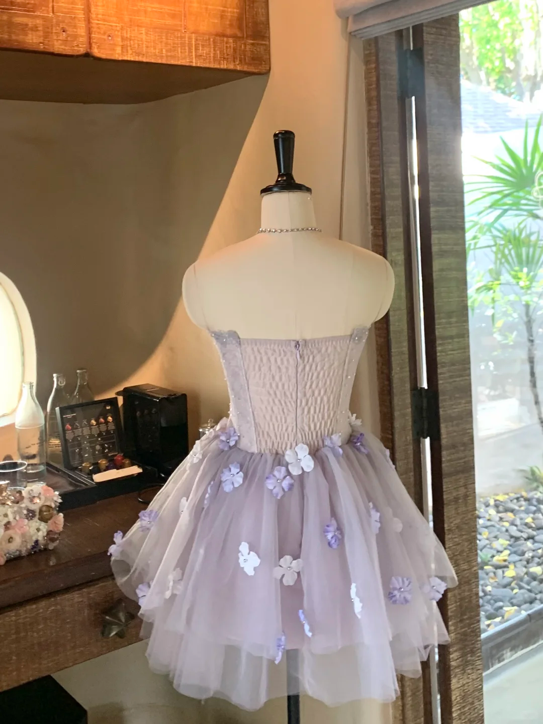 Dreamy Purple A Line Strapless Floral Tulle Short Prom Dress Homecoming Dress SH7177