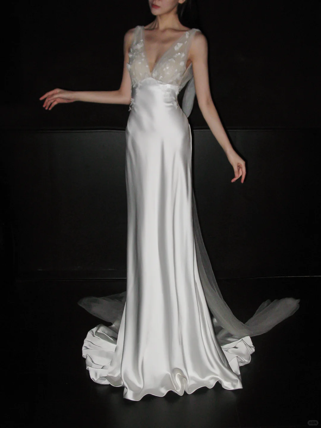 Romantic A Line V Neck 3D Floral Satin Tulle Long Wedding Dress SH5967