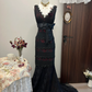 Vintage A Line V Neck Black Lace Tulle Prom Dress Evening Dress with Bow SH2988