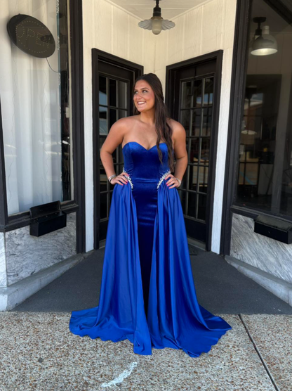Royal Blue A Line Sweetheart Neck Beaded Velvet Satin Long Prom Dress Evening Dress SH7236