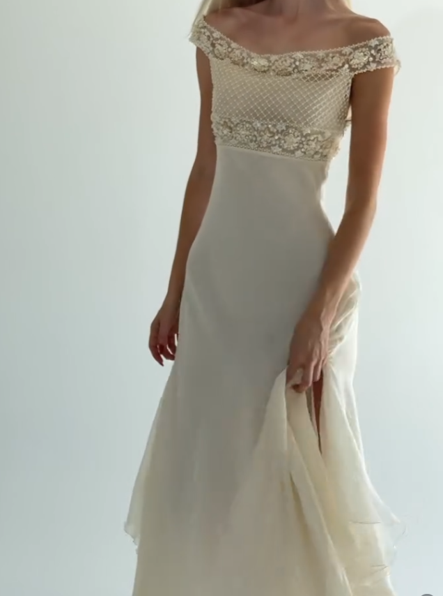 Ivory Sheath Off the Shoulder Shiny Beaded Chiffon Prom Dress Vacation Dress SH6265