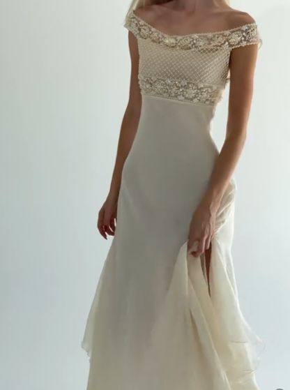 Ivory Sheath Off the Shoulder Shiny Beaded Chiffon Prom Dress Vacation Dress SH6265