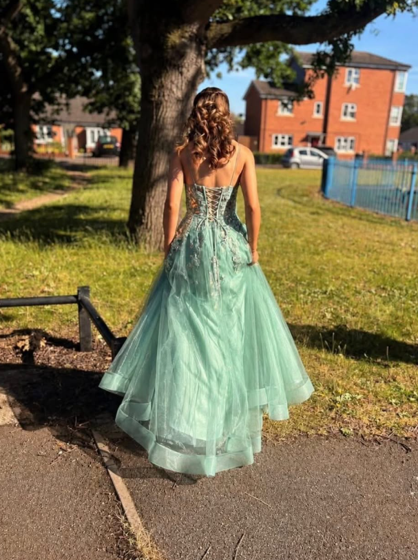 Blue A Line Spaghetti Strap Appliques Sequin Tulle Prom Dress Birthday Dress SH9024