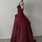 Vintage Burgundy Halter Beaded Satin Long Prom Dress Party Dress SH5531