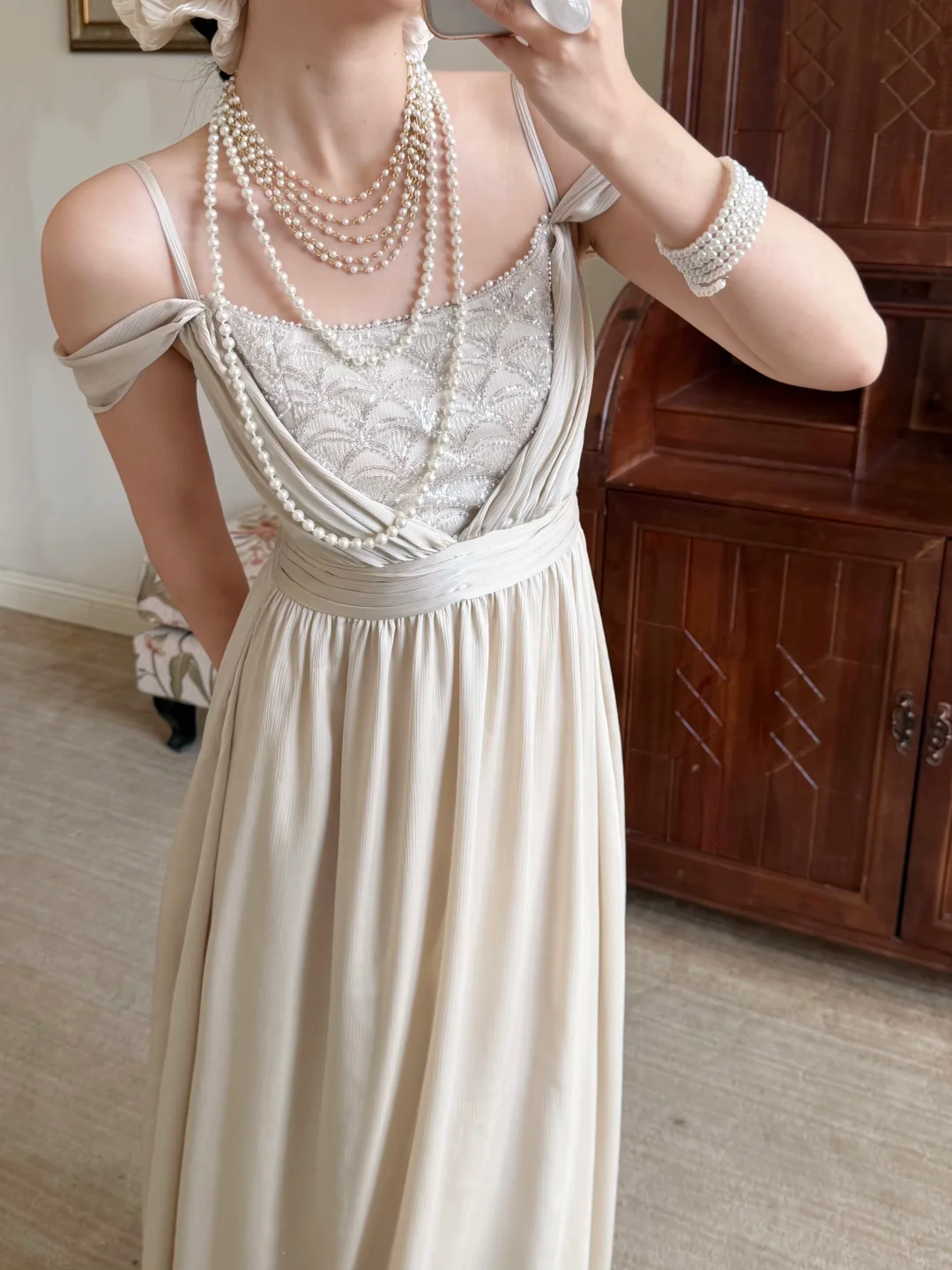 Pretty A Line Spaghetti Straps Beaded Satin Long Prom Dress Evening Dress SH6053