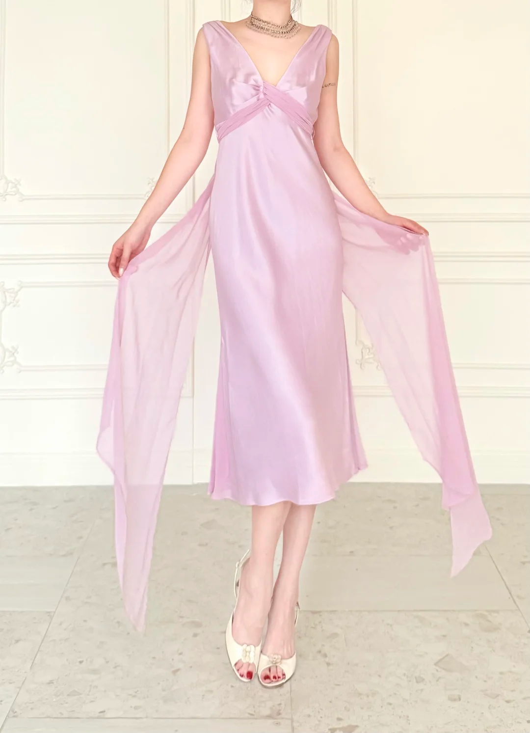 Gentle Light Purple A Line V Neck Chiffon Satin Prom Dress Evening Dress SH6759