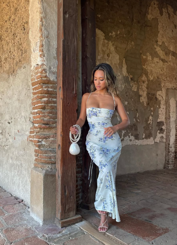 Blue Print Floral Sheath Spaghetti Strap Satin Long Prom Dress Evening Dress SH8968