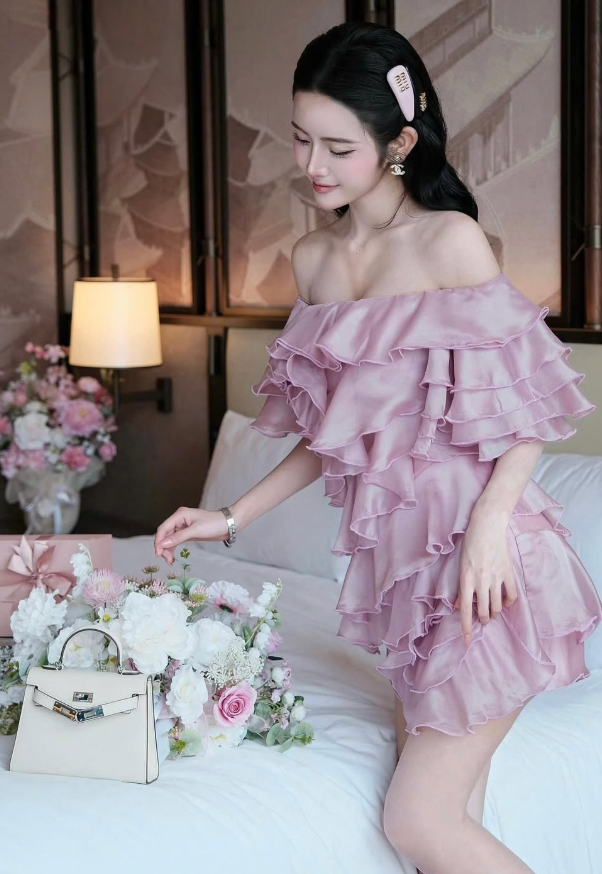 Cute A Line Off the Shoulder Pink Layered Chiffon Short Homecoming Dress Outfits SH4679
