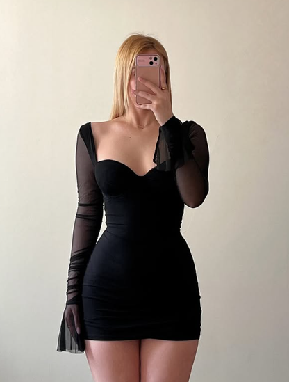 Sexy Black Sheath Long Sleeve Tulle Short Prom Dress Homecoming Dress SH9060