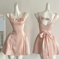 Cute A Line Straps Bow Light Pink Satin Short Homecoming Dress Cocktail Dress SH3052